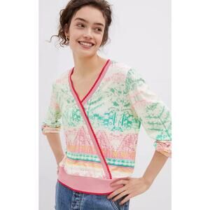 Aldo Martins Anthropologie Andalia Pink Green Knit Surplice Top Size M